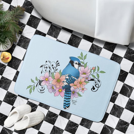 Blauwe Jay Lente Bloemen Badmat