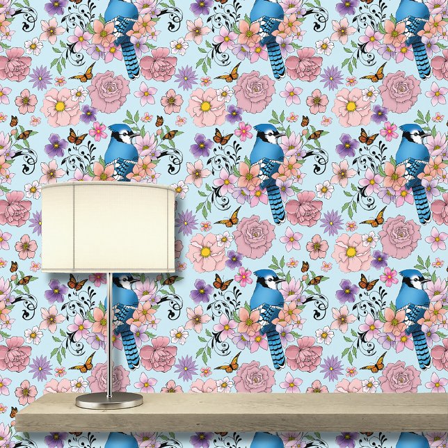 Blauwe Jay Lente Bloemen Behang (Creator heeft geüpload)