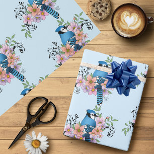 Blauwe Jay Lente Bloemen Cadeaupapier