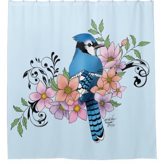 Blauwe Jay Lente Bloemen Douchegordijn (Voorkant)