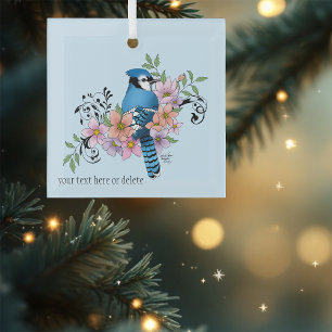 Blauwe Jay Lente Bloemen Glas Ornament