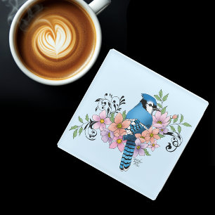 Blauwe Jay Lente Bloemen Glazen Onderzetter