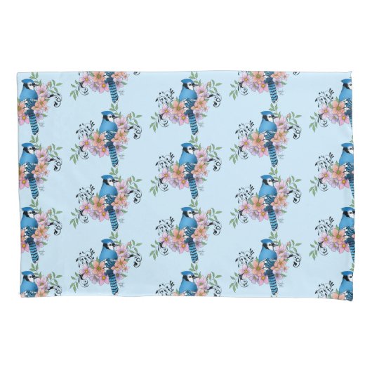 Blauwe Jay Lente Bloemen Kussensloop (Voorkant)