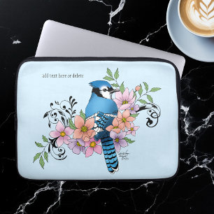 Blauwe Jay Lente Bloemen Laptop Sleeve