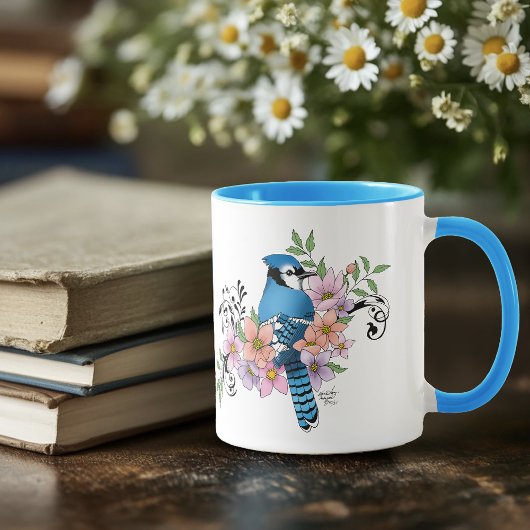 Blauwe Jay Lente Bloemen Mok