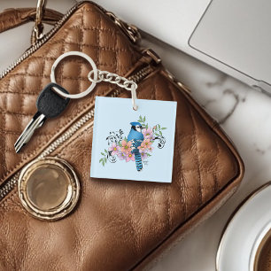 Blauwe Jay Lente Bloemen Sleutelhanger