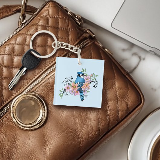 Blauwe Jay Lente Bloemen Sleutelhanger