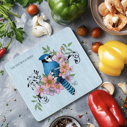 Blauwe Jay Lente Bloemen Snijplank