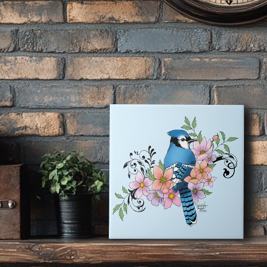 Blauwe Jay Lente Bloemen Tegeltje