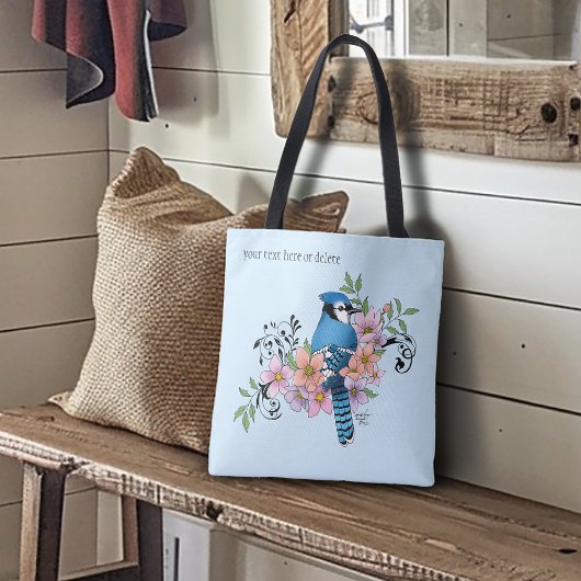 Blauwe Jay Lente Bloemen Tote Bag