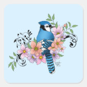 Blauwe Jay Lente Bloemen Vierkante Sticker (Voorkant)
