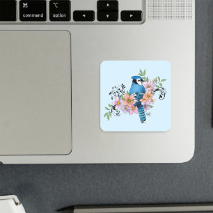 Blauwe Jay Lente Bloemen Vierkante Sticker