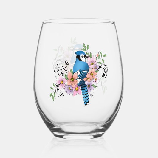 Blauwe Jay Lente Bloemen Wijnglas Zonder Voet (Achterkant)