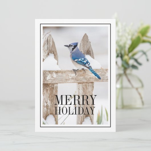 Blauwe Jay Perched op Snowy Fence Feestdagenkaart (Staand voorkant)