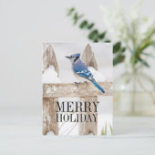 Blauwe Jay Perched op Snowy Fence Feestdagenkaart (Staand voorkant)