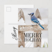 Blauwe Jay Perched op Snowy Fence Feestdagenkaart (Voorkant / Achterkant)