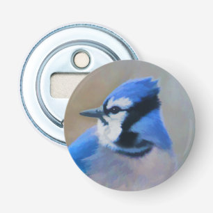 Blauwe jay-schildering - Oorspronkelijke vogelkuns Button Flesopener