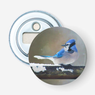 Blauwe jay-schildering - Oorspronkelijke vogelkuns Button Flesopener