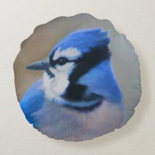 Blauwe jay-schildering - Oorspronkelijke vogelkuns Rond Kussen