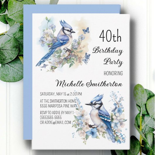 Blauwe Jay Vogel Bloemen Springtime 40e Verjaardag Kaart