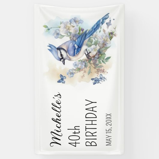 Blauwe Jay Vogel Bloemen Springtime 40e Verjaardag Spandoek (Verticaal)