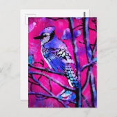 Blauwe Jay Vogel op Boomtak Roze Abstracte kunst Briefkaart (Voorkant / Achterkant)