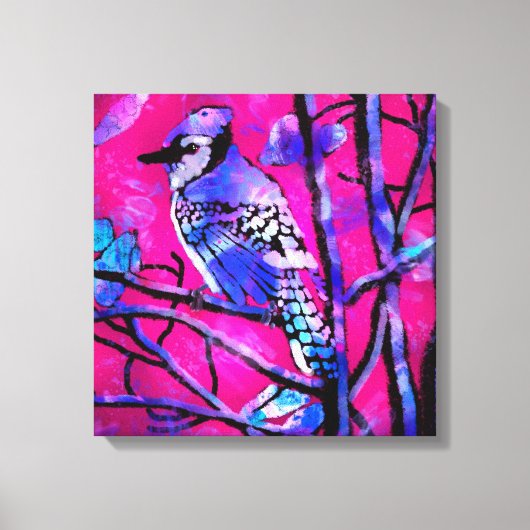 Blauwe Jay Vogel op Boomtak Roze Abstracte kunst Canvas Afdruk (Voorkant)
