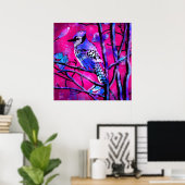 Blauwe Jay Vogel op Boomtak Roze Abstracte kunst Poster (Thuiskantoor)