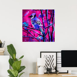 Blauwe Jay Vogel op Boomtak Roze Abstracte kunst Poster