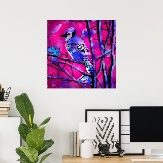 Blauwe Jay Vogel op Boomtak Roze Abstracte kunst Poster (Thuiskantoor)