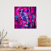 Blauwe Jay Vogel op Boomtak Roze Abstracte kunst Poster (Keuken)