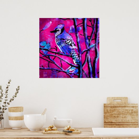 Blauwe Jay Vogel op Boomtak Roze Abstracte kunst Poster (Keuken)