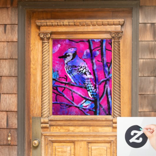 Blauwe Jay Vogel op Boomtak Roze Abstracte kunst Raamsticker (Huis Deur)