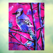 Blauwe Jay Vogel op Boomtak Roze Abstracte kunst Raamsticker (Vel 3)