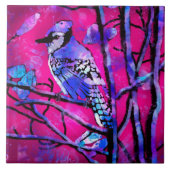 Blauwe Jay Vogel op Boomtak Roze Abstracte kunst Tegeltje (Voorkant)
