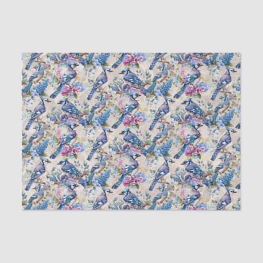 Blauwe Jays en Bloemen op Ecru Tissuepapier (Voorkant)