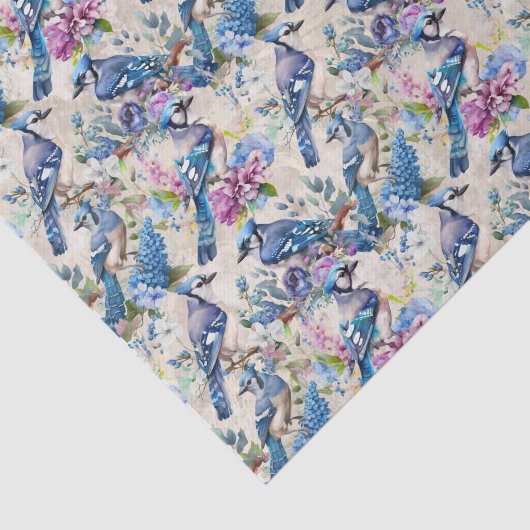 Blauwe Jays en Bloemen op Ecru Tissuepapier (Detail)