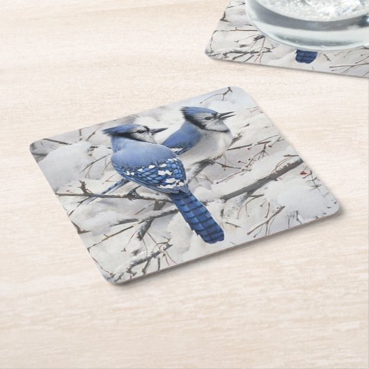 Blauwe Jays in een sneeuwgevulde boom Kartonnen Onderzetters (Schuin)