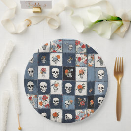 Blauwe Jean Denim Patchwork schedels en bloemen Papieren Bordje