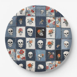 Blauwe Jean Denim Patchwork schedels en bloemen Papieren Bordje