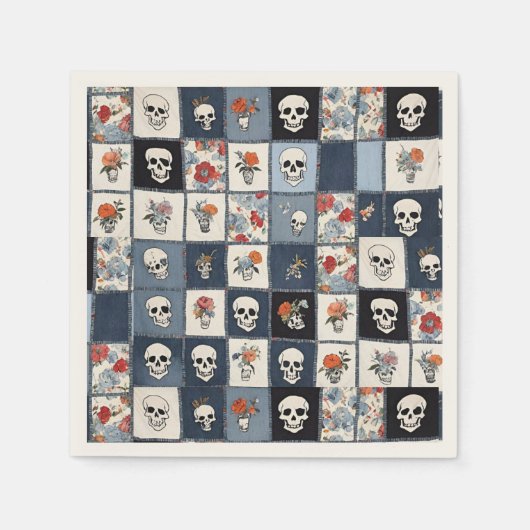 Blauwe Jean Denim Patchwork schedels en bloemen Servet (Voorkant)