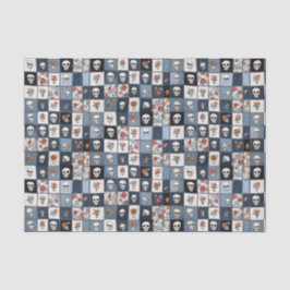 Blauwe Jean Denim Patchwork schedels en bloemen Tissuepapier