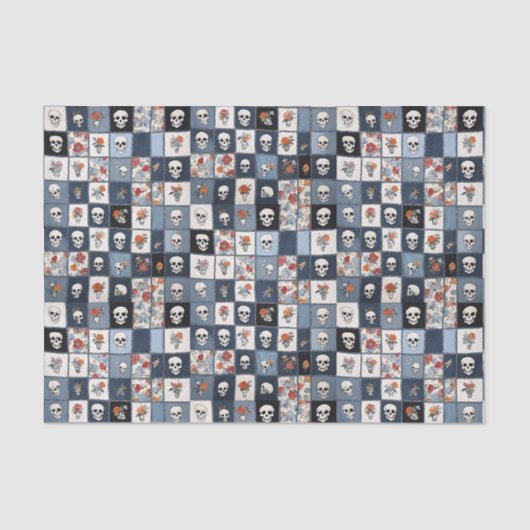 Blauwe Jean Denim Patchwork schedels en bloemen Tissuepapier (Voorkant)
