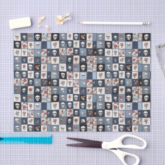Blauwe Jean Denim Patchwork schedels en bloemen Tissuepapier (Craft)