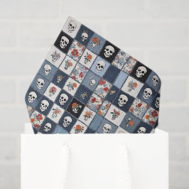 Blauwe Jean Denim Patchwork schedels en bloemen Tissuepapier