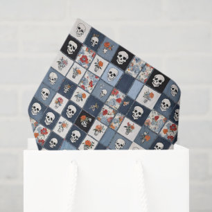Blauwe Jean Denim Patchwork schedels en bloemen Tissuepapier