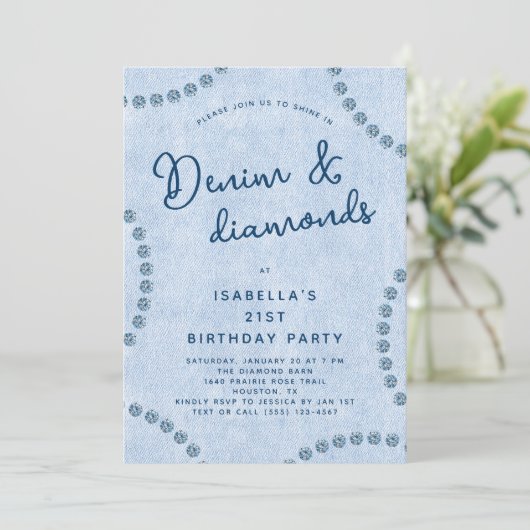 Blauwe jeans Denim en diamanten 21ste verjaardagsf Kaart (Staand voorkant)