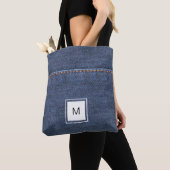 Blauwe jeans denim stijl gepersonaliseerd monogram tote bag (Dichtbij)