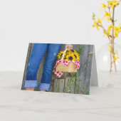 blauwe jeans en verjaardag van de zonnebloem kaart (Gele Bloem)
