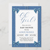 Blauwe jeans met naden en bogen baby meisje douche kaart (Voorkant)